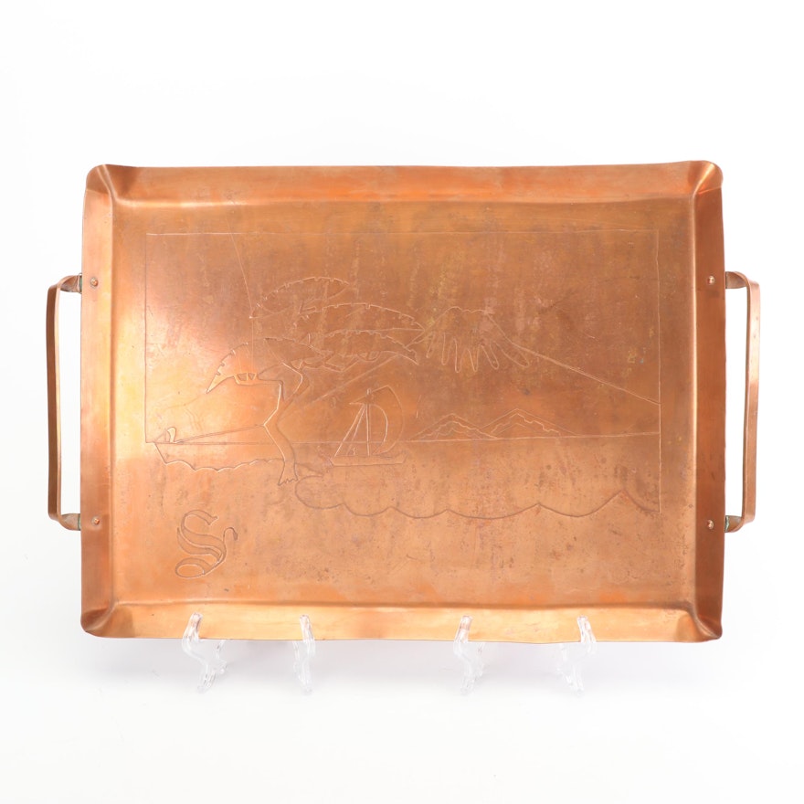 Mid-Century Hand Crafted Copper Tray with Mountain Scene