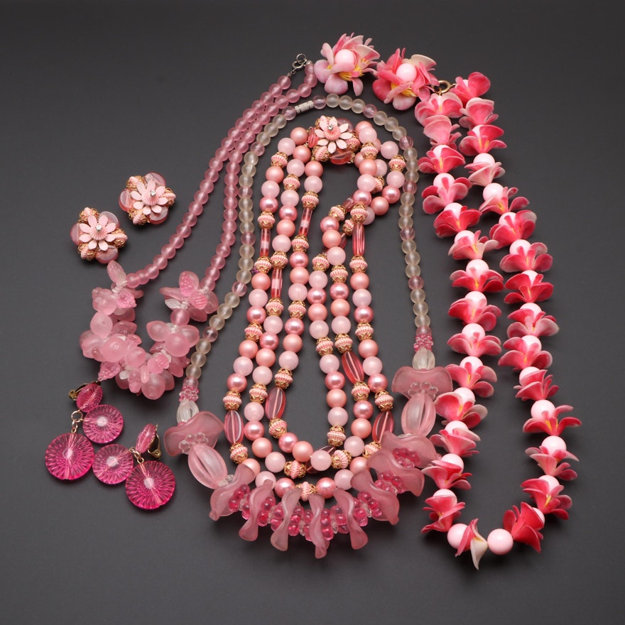 Vintage Costume Plastic, Imitation Pearl and Foilback Jewelry in Pink Assortment