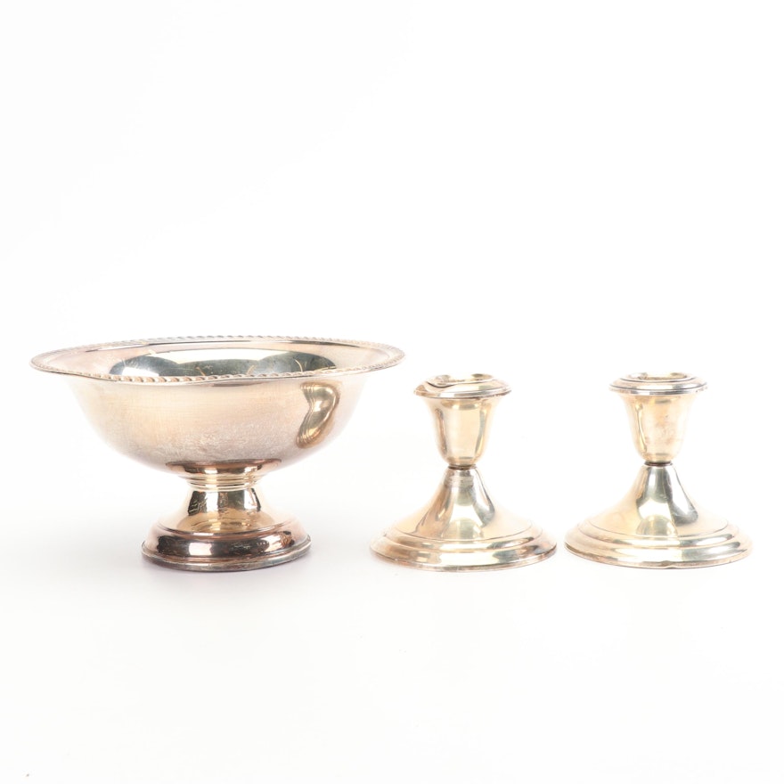 Gorham "Puritan" Sterling Silver Candlesticks and P.S. Co. Sterling Compote