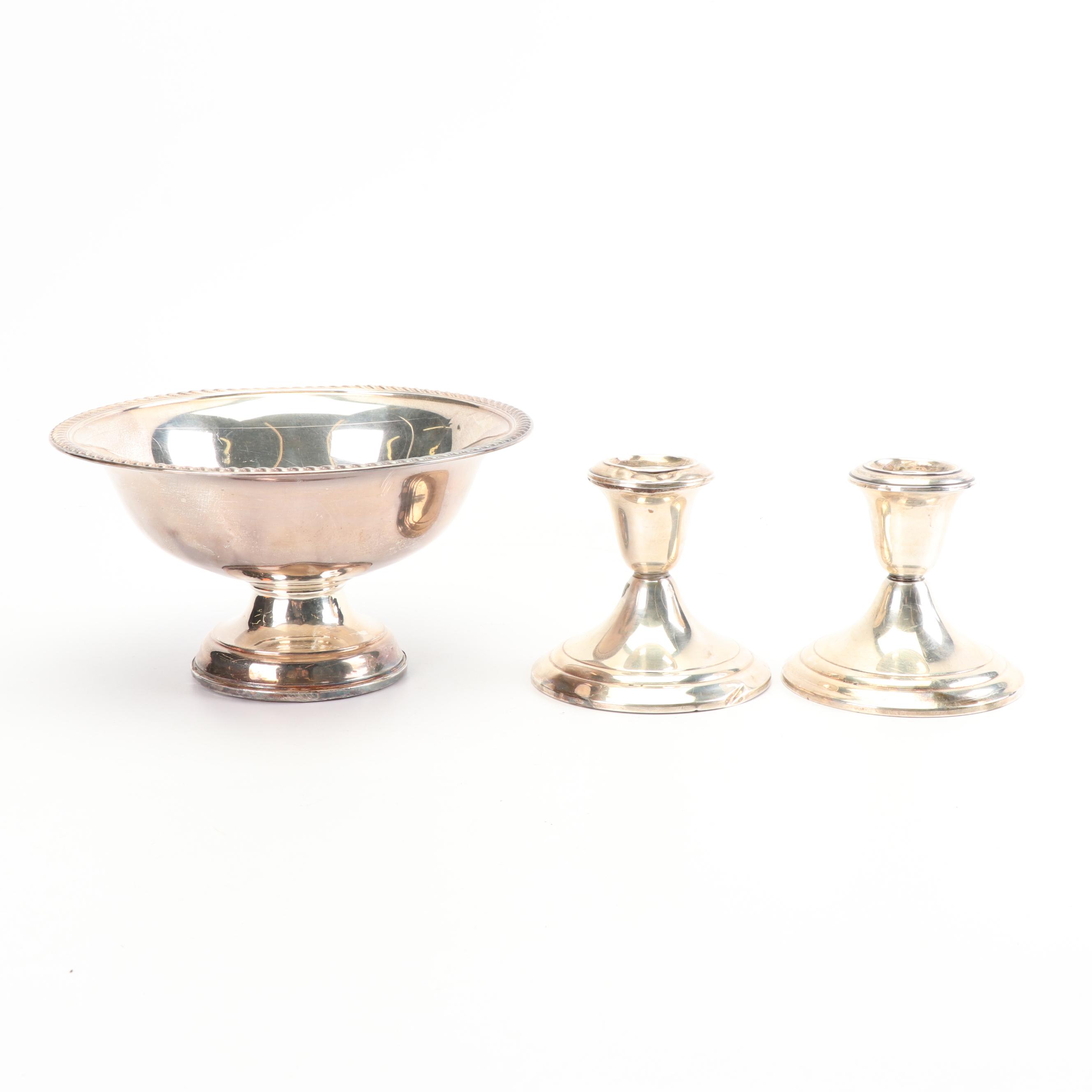 Gorham "Puritan" Sterling Silver Candlesticks and P.S. Co. Sterling Compote