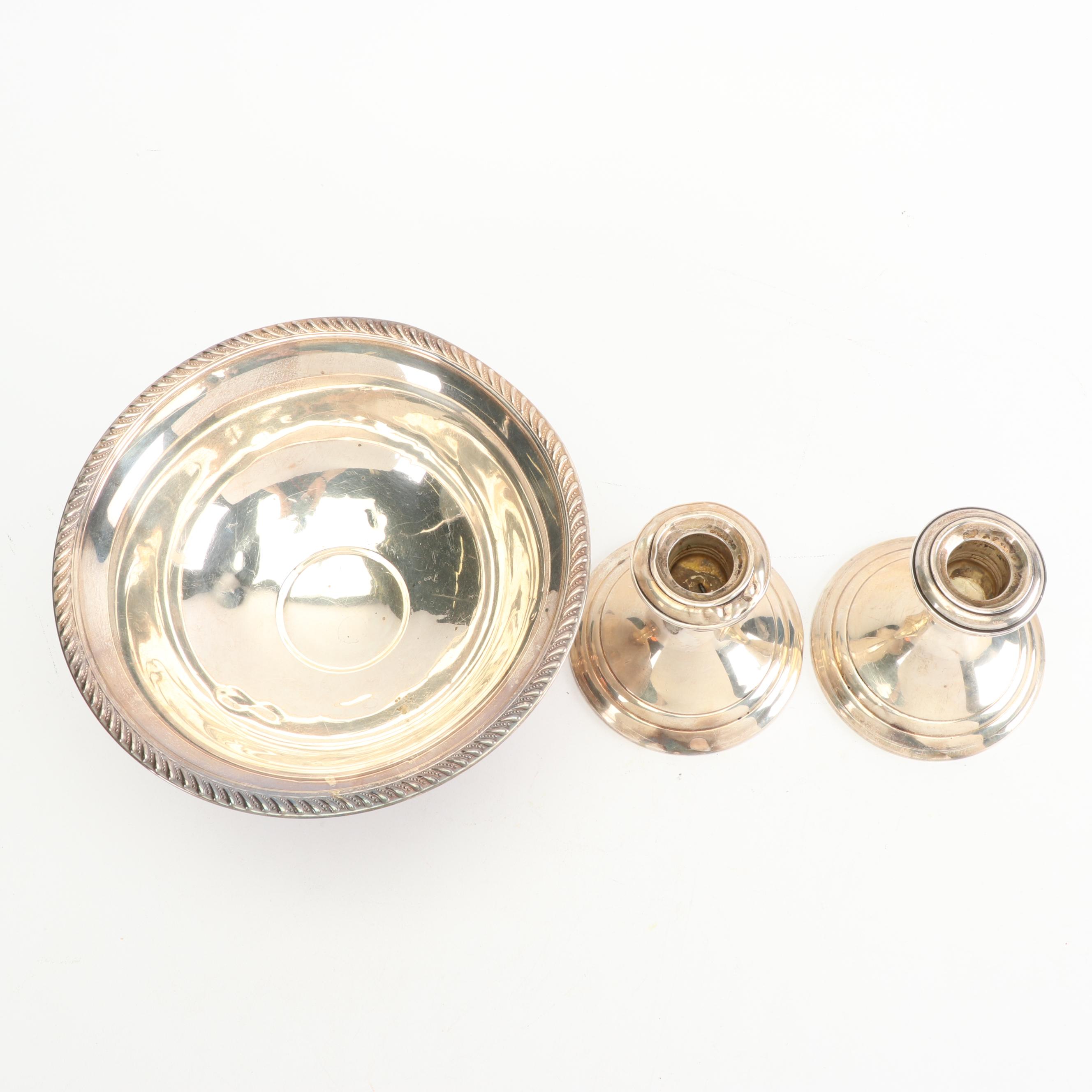 Gorham "Puritan" Sterling Silver Candlesticks and P.S. Co. Sterling Compote