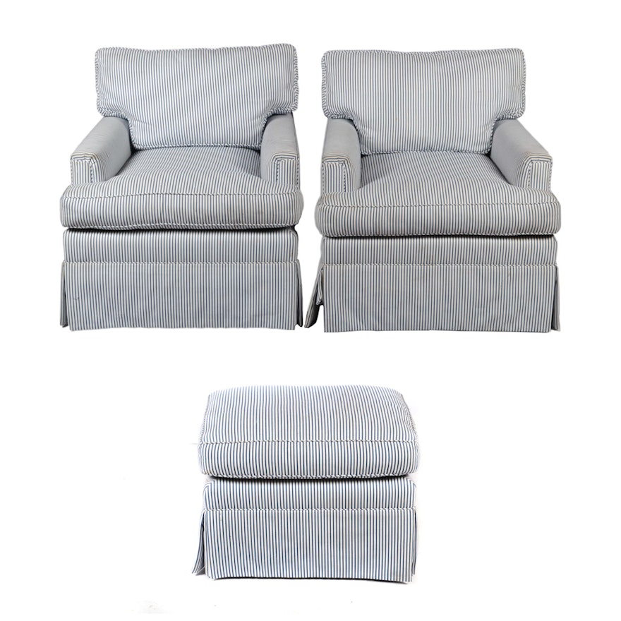 Stripe Upholstered Armchairs with Ottoman, 21st Century