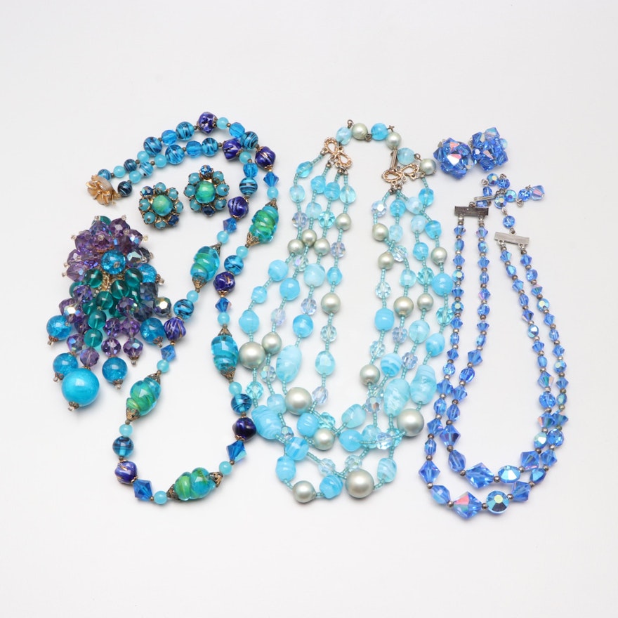 Vintage Costume Plastic, Glass and Imitation Pearl Jewelry Collection in Blue