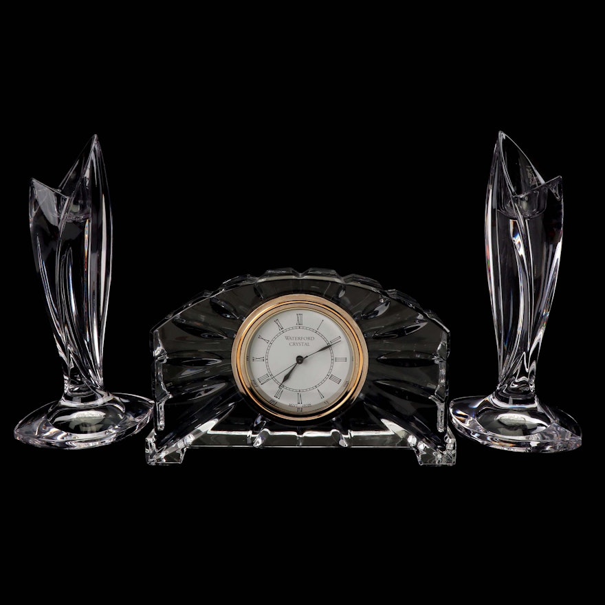 Waterford Crystal "Palma" Candle Holders and Desk Clock