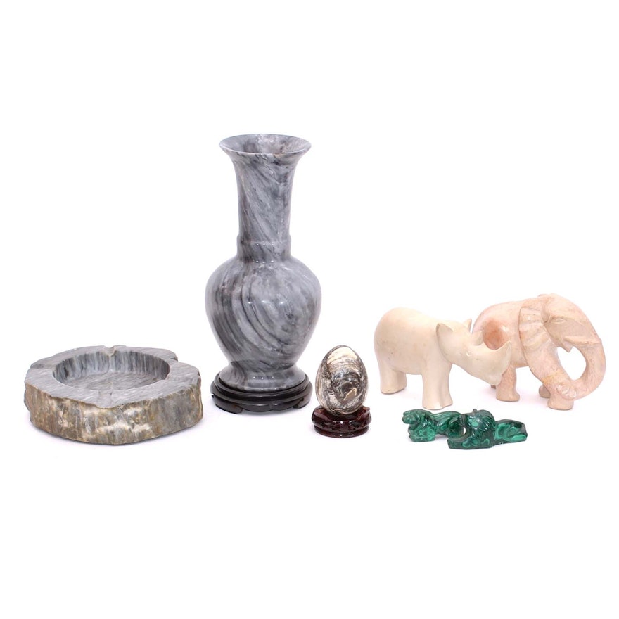 Polished Stoneware Decor Including Malachite Lion Figurines