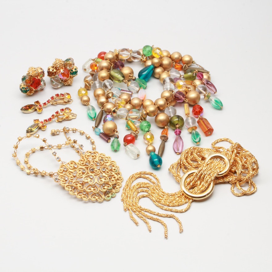 Vintage Colorful Gold-Tone Costume Glass and Plastic Jewelry