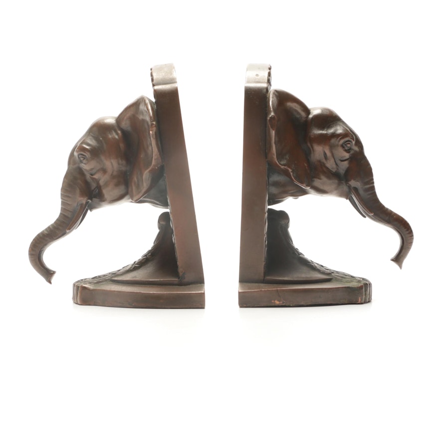 Circa 1920's Jennings Brothers Copper Elephant Head Bookends