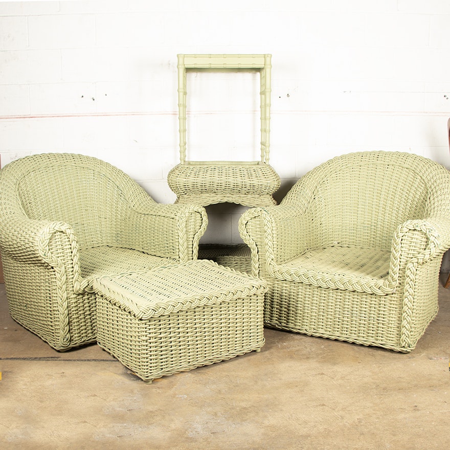 Green Painted Wicker Weave Armchairs with Ottoman and Side Tables