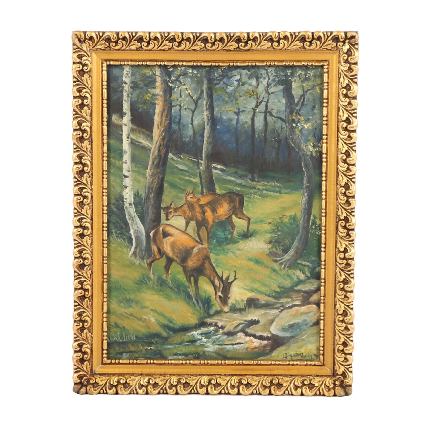 Mid 20th Century Oil Painting of Deer in Landscape