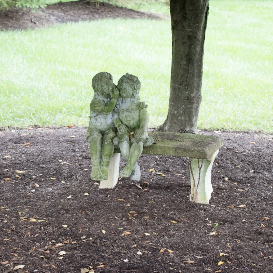 Cement Bench and Sitting Lawn Statues