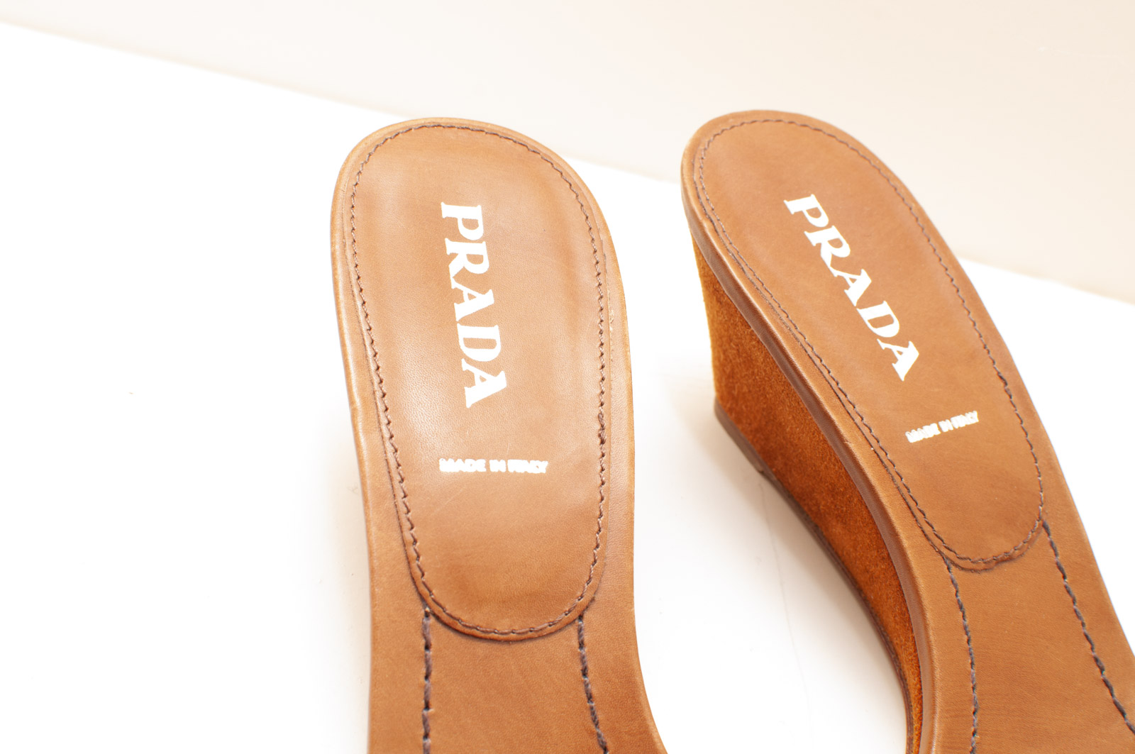 Prada Cognac Suede Slide Wedges, Made in Italy
