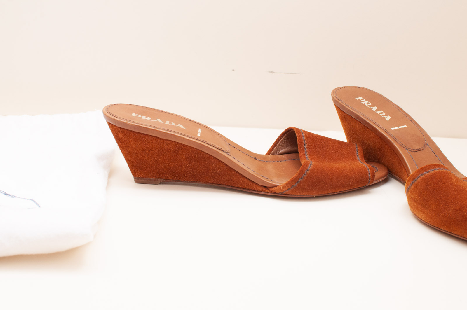 Prada Cognac Suede Slide Wedges, Made in Italy