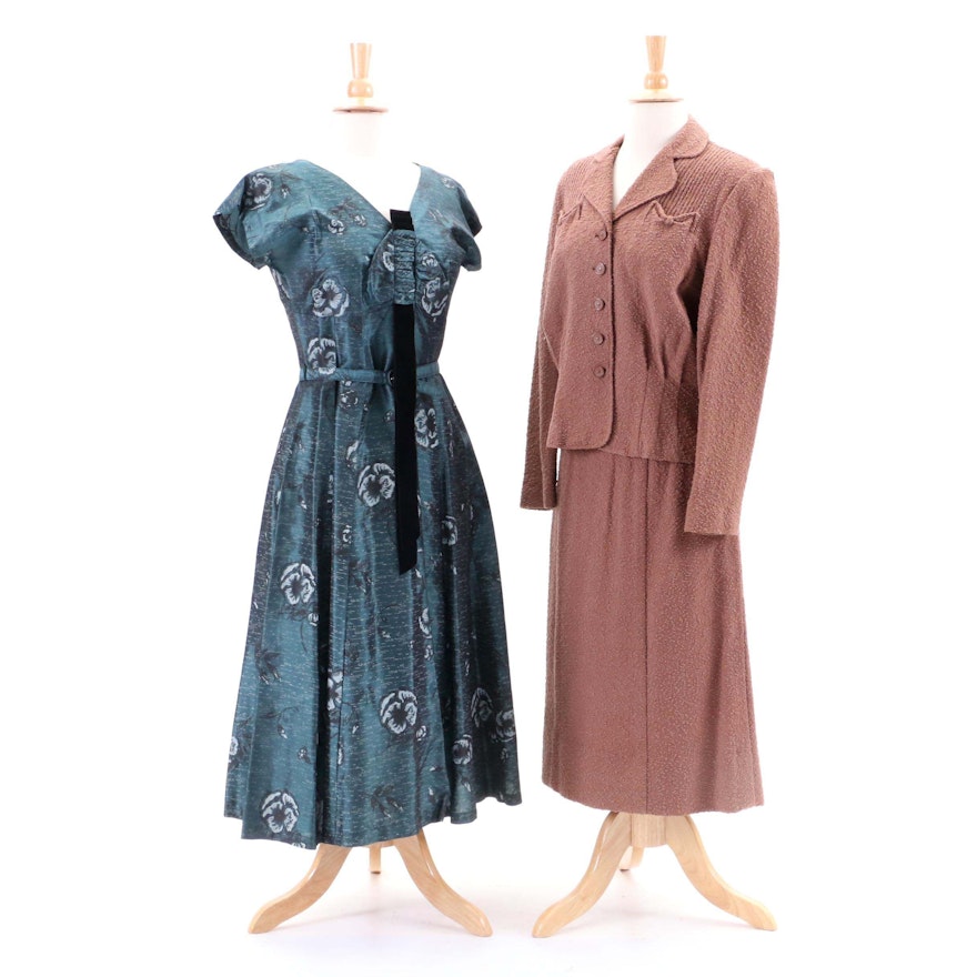Circa 1950s Vintage Judy Palmer Floral Dress and Groblue Skirt Suit