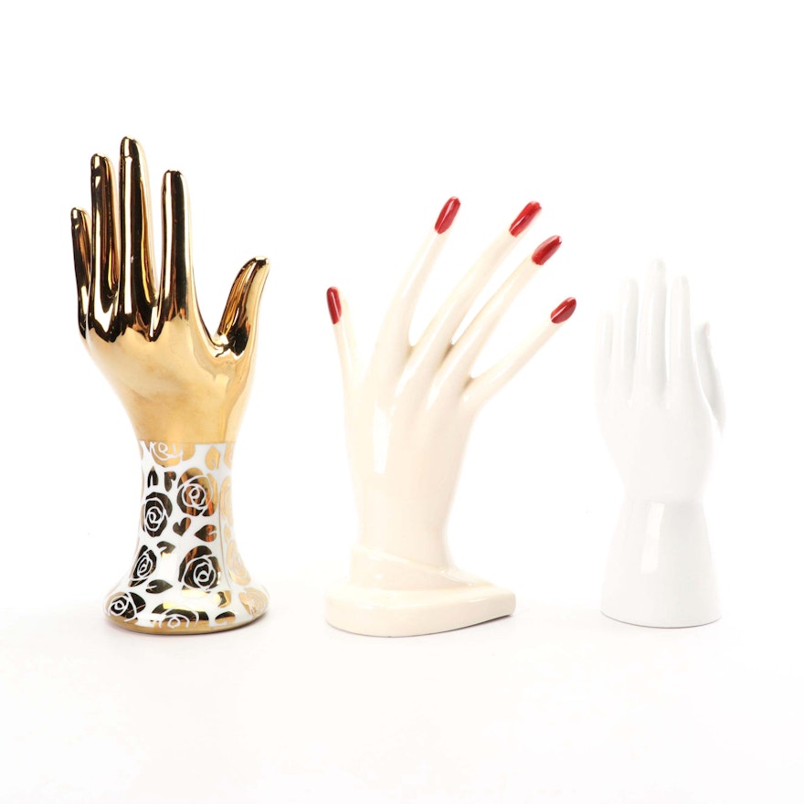 Ceramic Hand Jewelry Holders including "Antique Reflections" by J. Godinger & Co