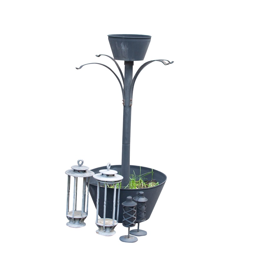 Black Metal Plant Stand with Candle Lanterns