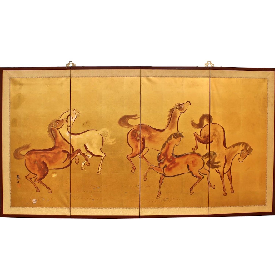 Chinese Hand Painted Folding Screen with Horses