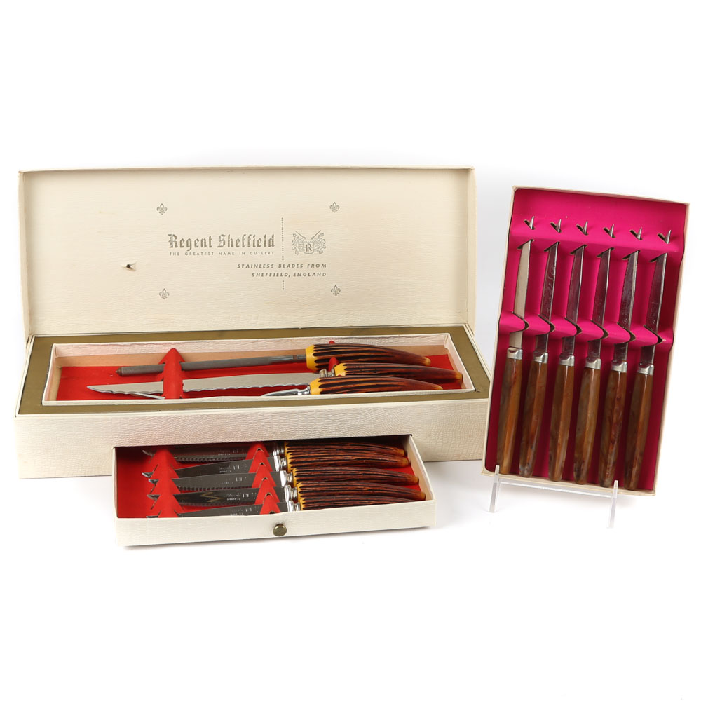 Vintage Regent Sheffield "Nu-Stag" and "Stratawood" Knife Sets