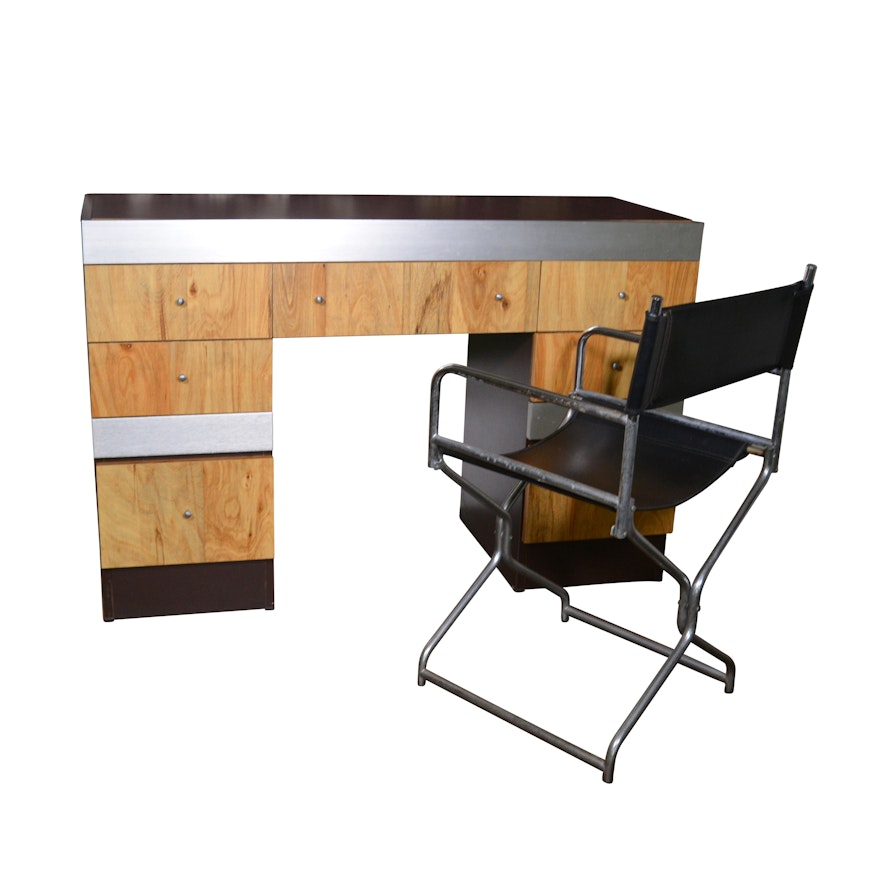 Contemporary Figured Birch and Metal Desk and Director's Chair, 20th Century