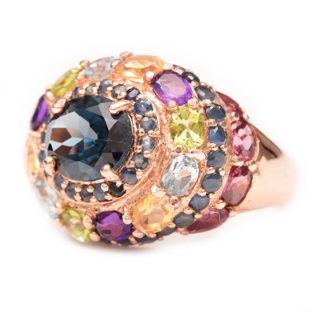 Sterling Silver, 3.78 CTW Blue Topaz and Multicolor Gemstone Ring