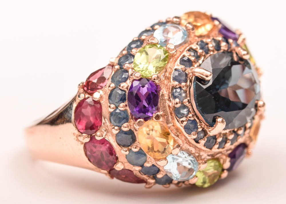 Sterling Silver, 3.78 CTW Blue Topaz and Multicolor Gemstone Ring