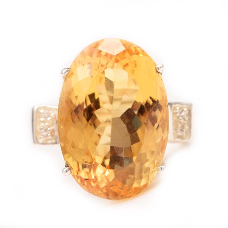 Sterling Silver, 17.80 CT Citrine and Cubic Zirconia Ring