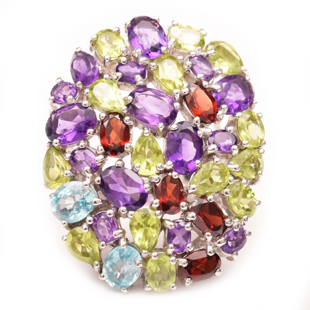 Sterling Silver, 6.62 CTW Amethyst and Multicolor Gemstone Cocktail Ring