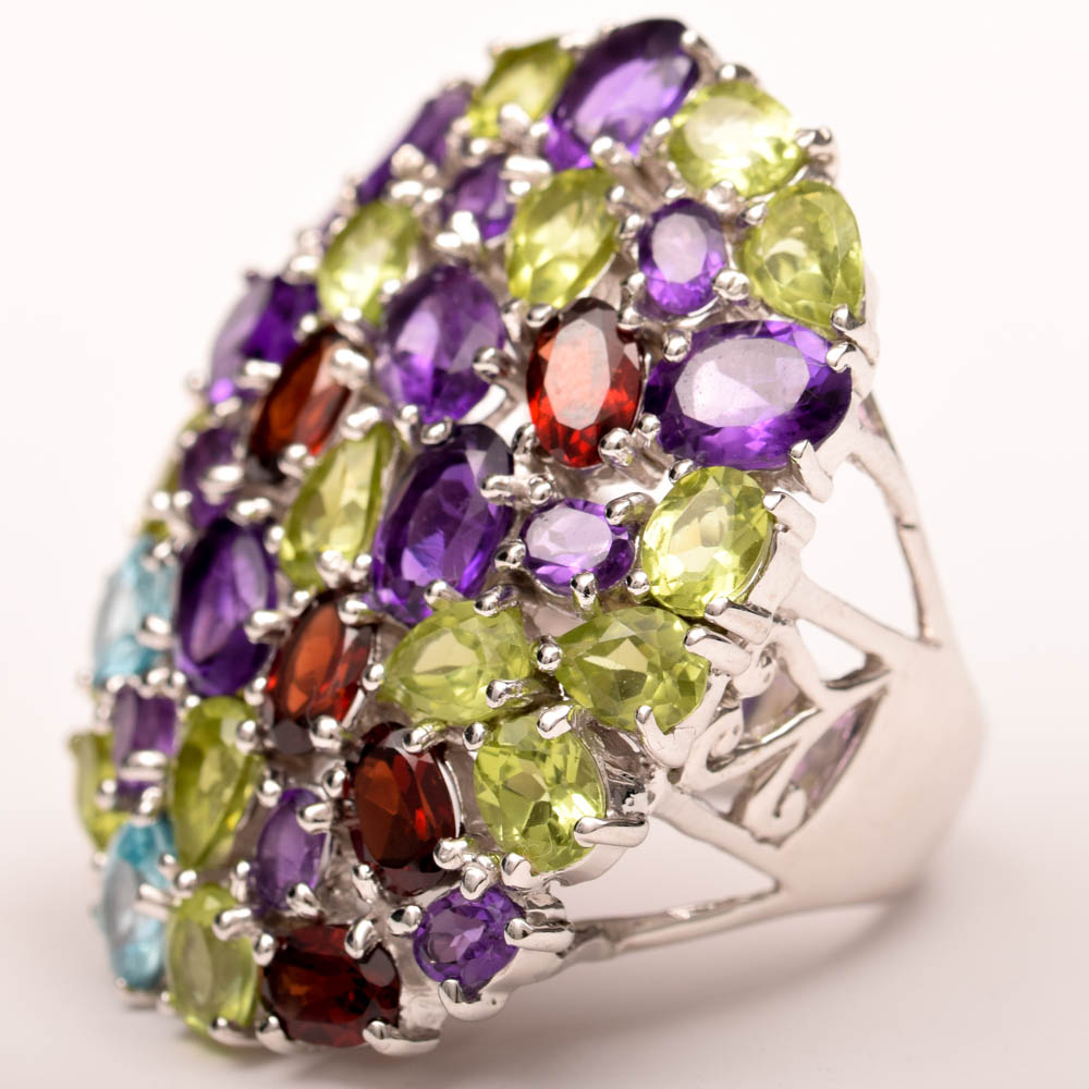 Sterling Silver, 6.62 CTW Amethyst and Multicolor Gemstone Cocktail Ring