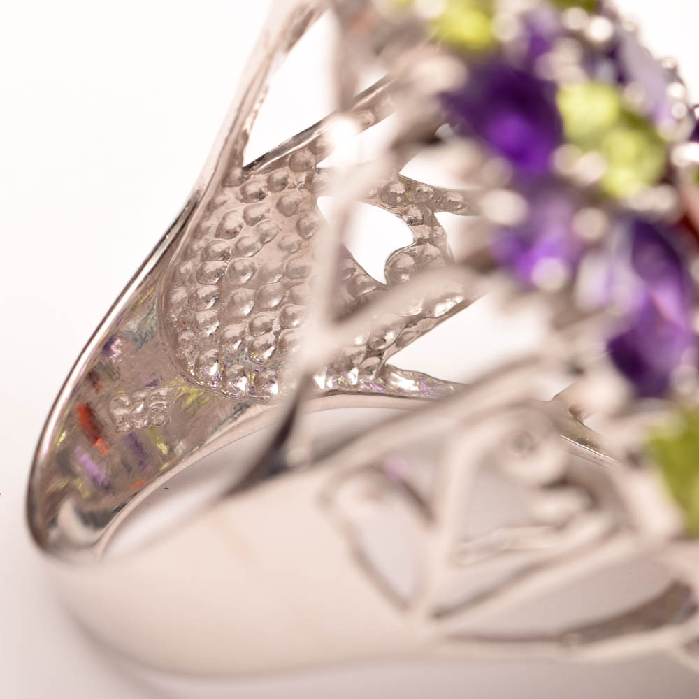 Sterling Silver, 6.62 CTW Amethyst and Multicolor Gemstone Cocktail Ring