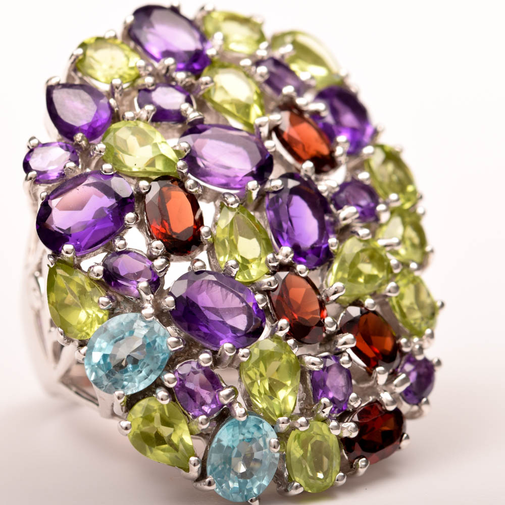 Sterling Silver, 6.62 CTW Amethyst and Multicolor Gemstone Cocktail Ring