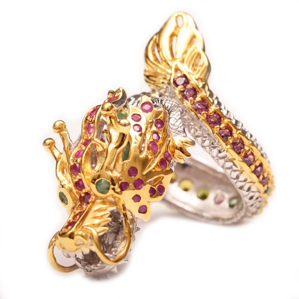 Sterling Silver, 1.30 CTW Ruby, Emerald, Garnet and Sapphire Dragon Head Ring