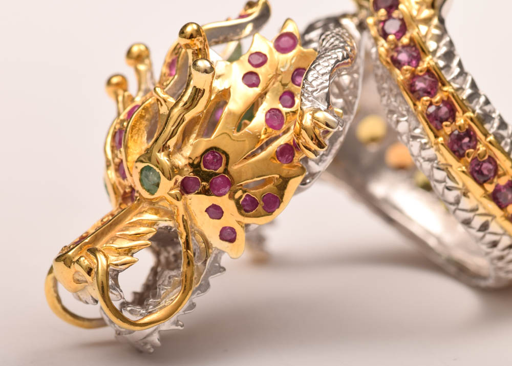 Sterling Silver, 1.30 CTW Ruby, Emerald, Garnet and Sapphire Dragon Head Ring