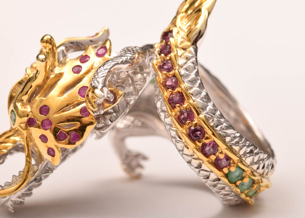 Sterling Silver, 1.30 CTW Ruby, Emerald, Garnet and Sapphire Dragon Head Ring