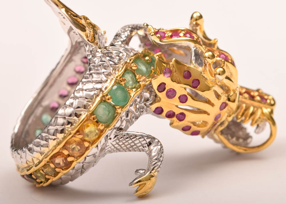 Sterling Silver, 1.30 CTW Ruby, Emerald, Garnet and Sapphire Dragon Head Ring