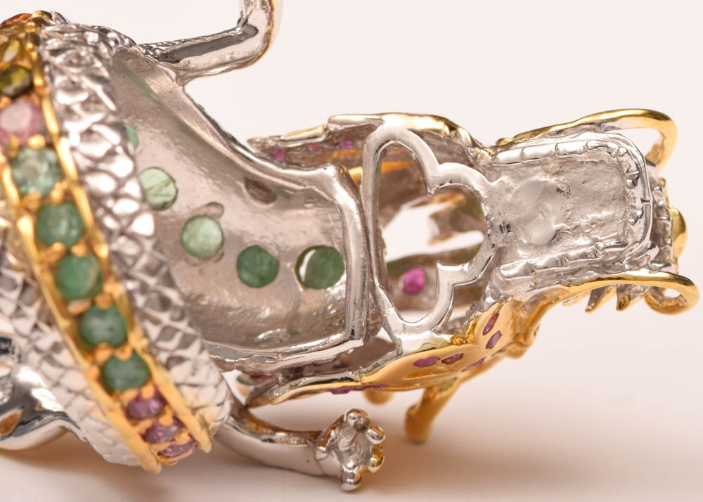 Sterling Silver, 1.30 CTW Ruby, Emerald, Garnet and Sapphire Dragon Head Ring