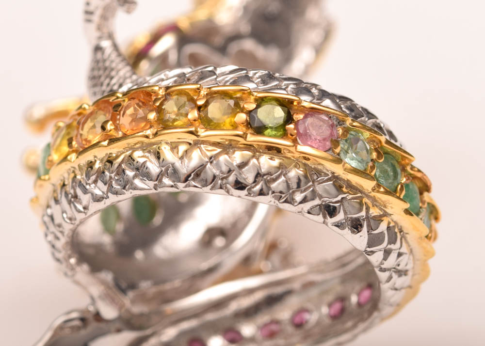 Sterling Silver, 1.30 CTW Ruby, Emerald, Garnet and Sapphire Dragon Head Ring