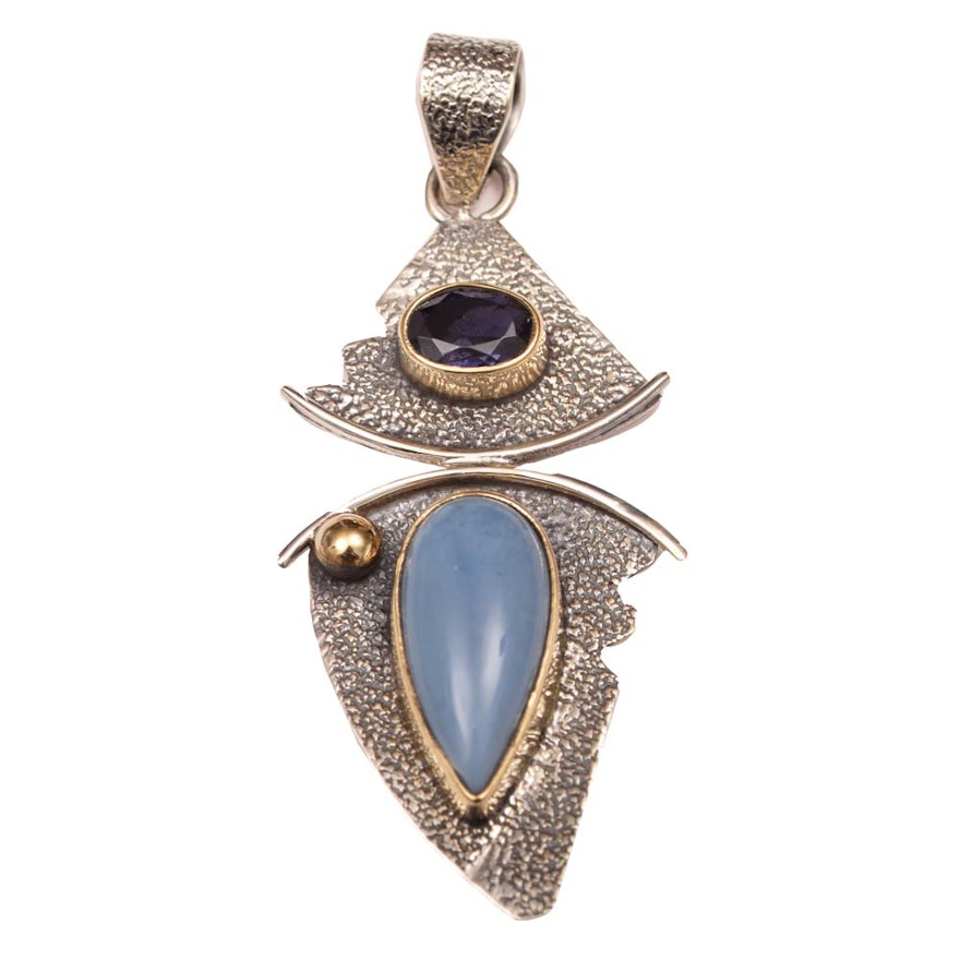 Sterling Silver, Blue Opal and Iolite Pendant