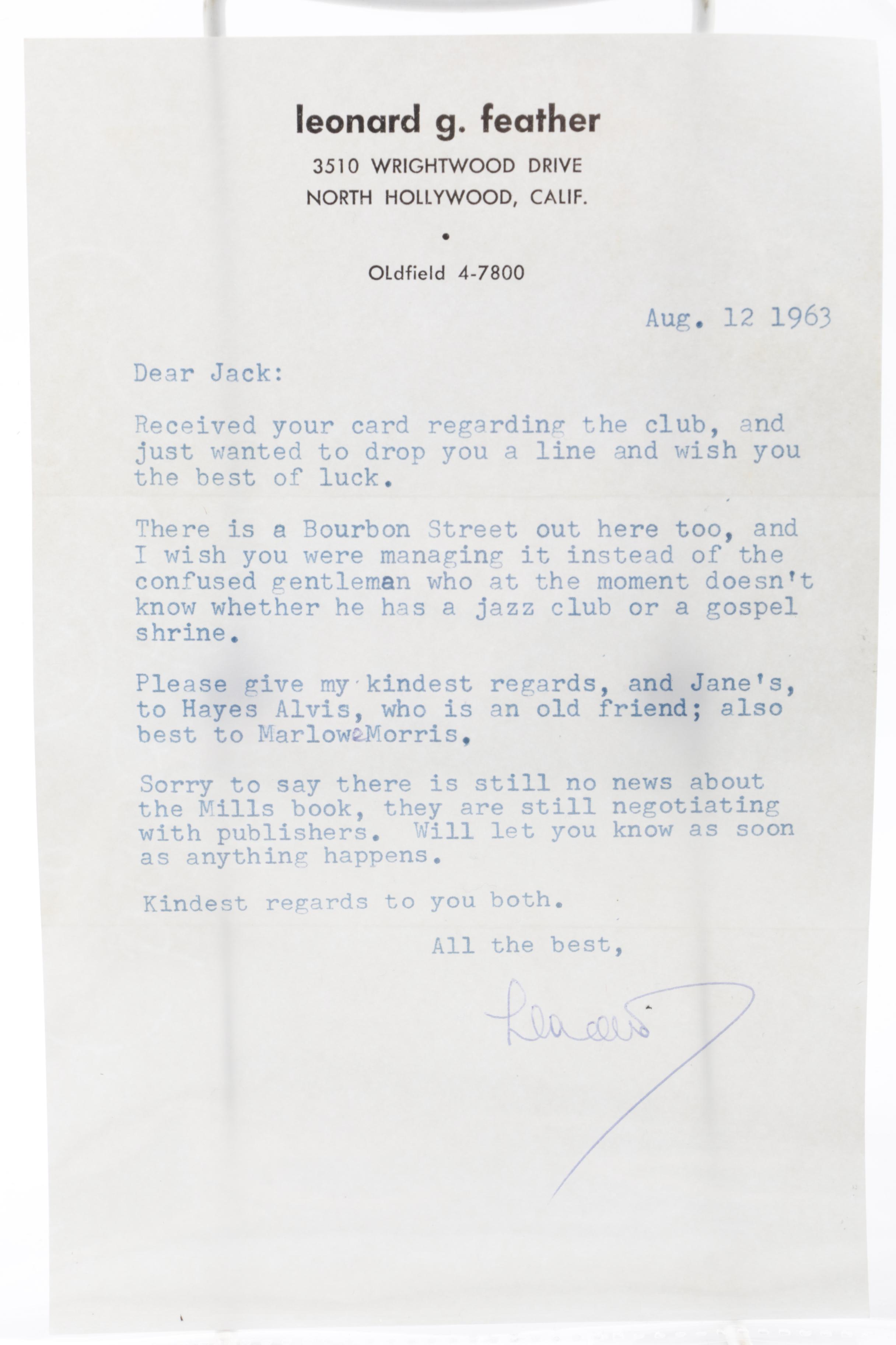 Signed Personal Letter from Jazz Composer Leonard G. Feather to Jack Bradley