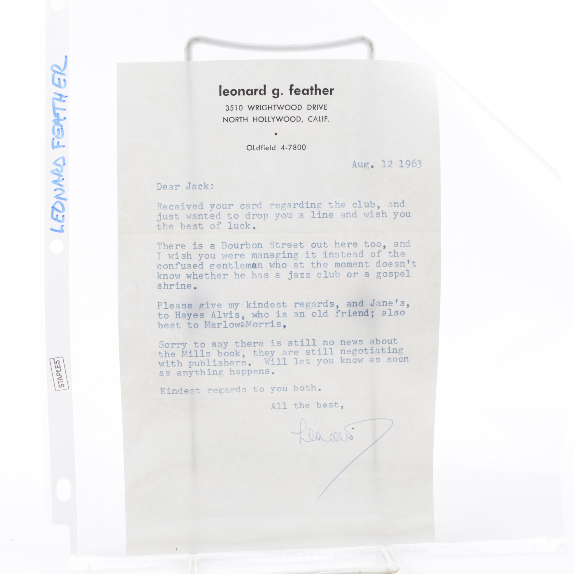 Signed Personal Letter from Jazz Composer Leonard G. Feather to Jack Bradley