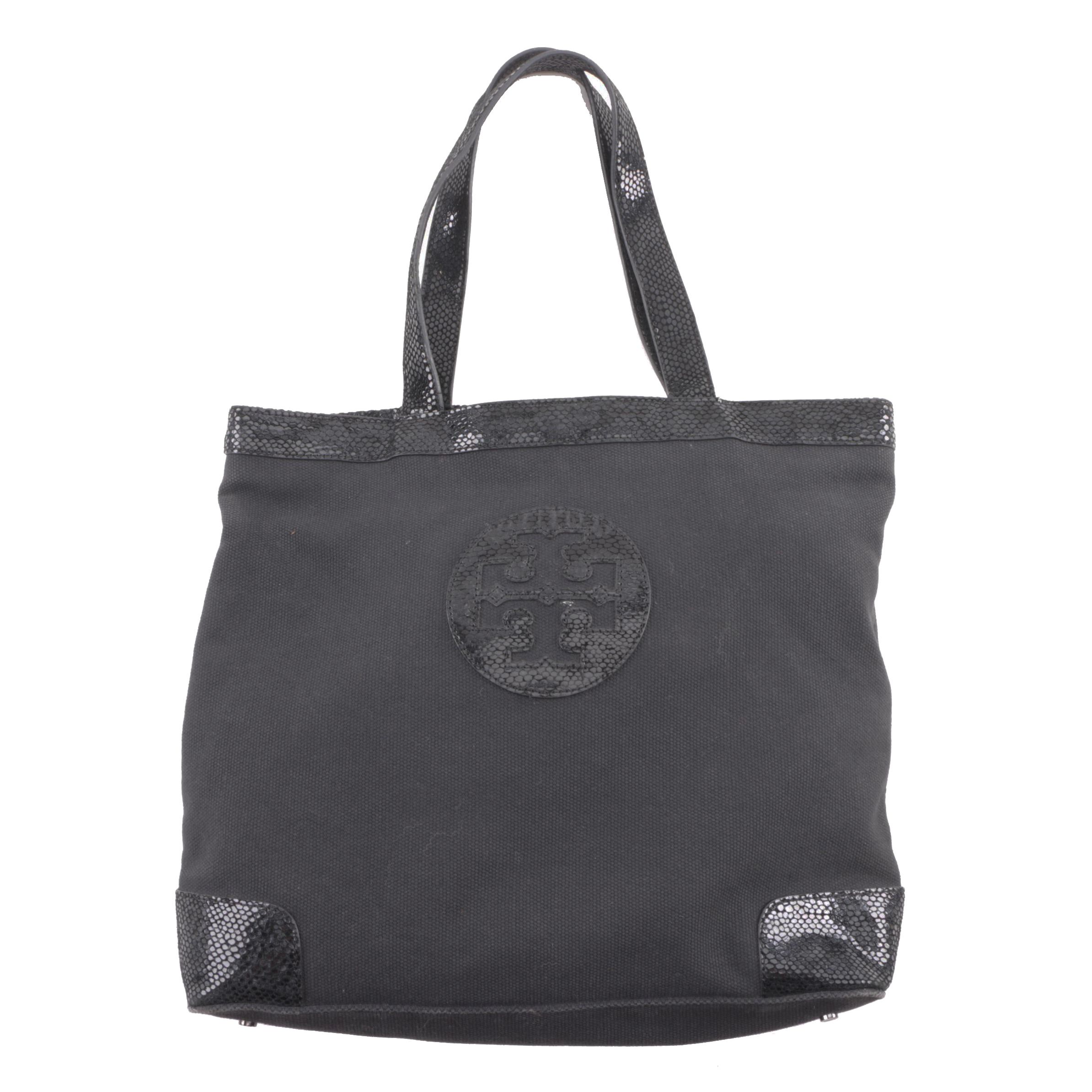 Tory Burch Black Canvas Tote with Reptile Embossed Suede Trim