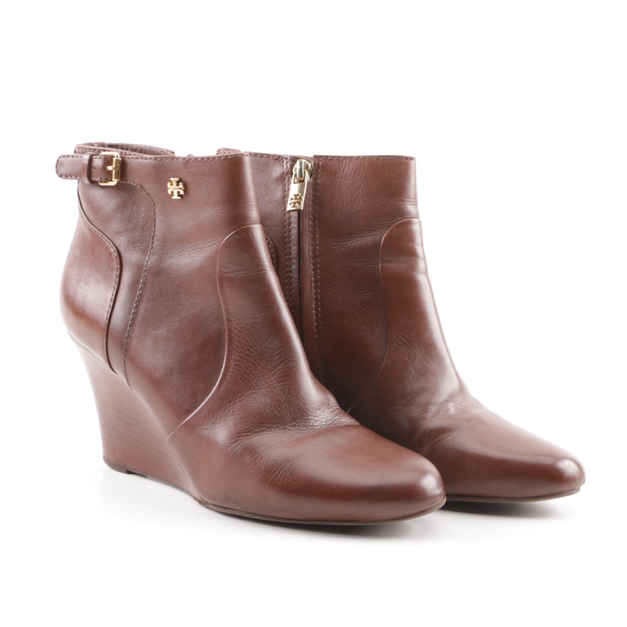 Tory Burch Brown Leather Wedge Ankle Booties