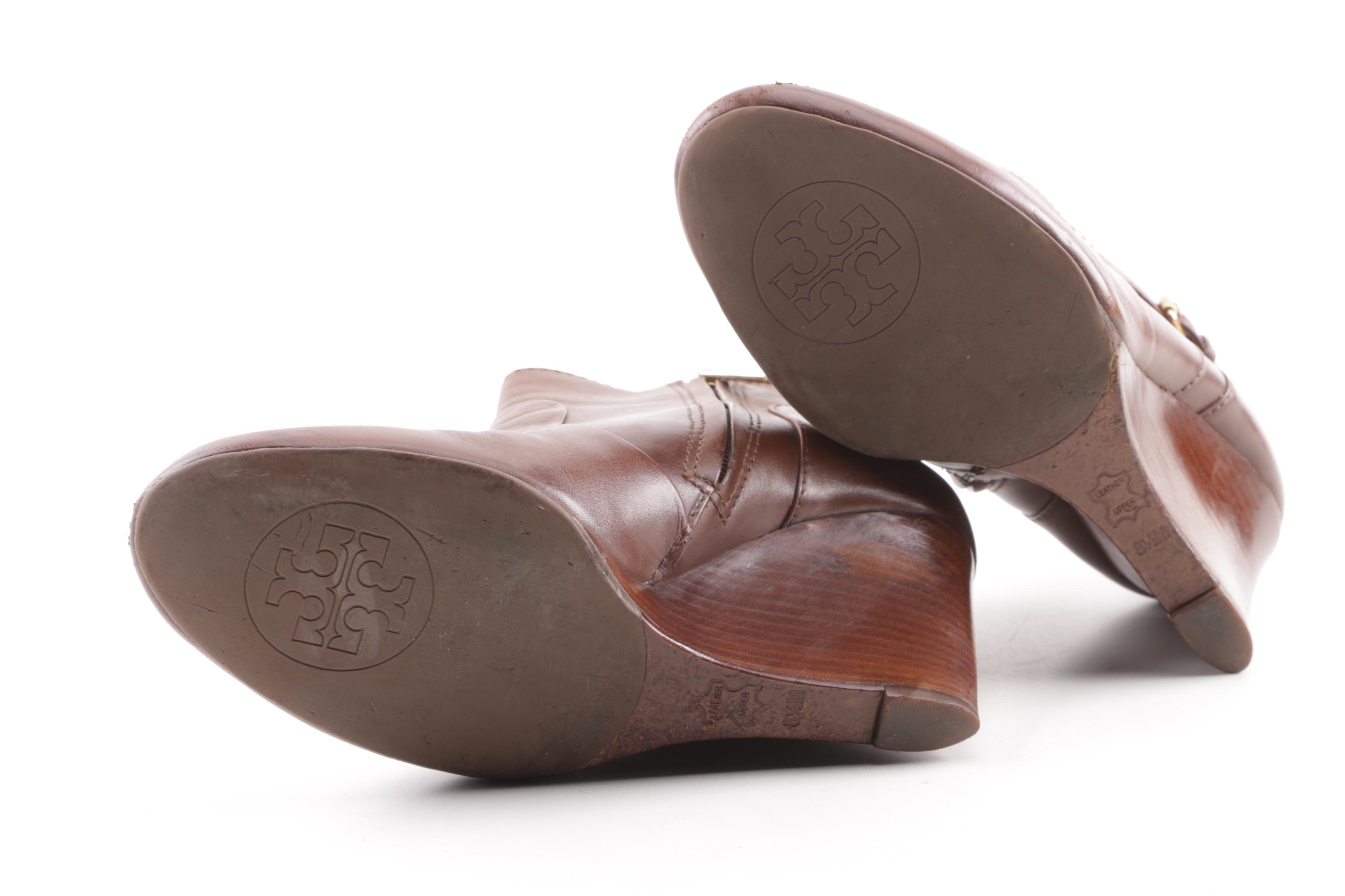 Tory Burch Brown Leather Wedge Ankle Booties