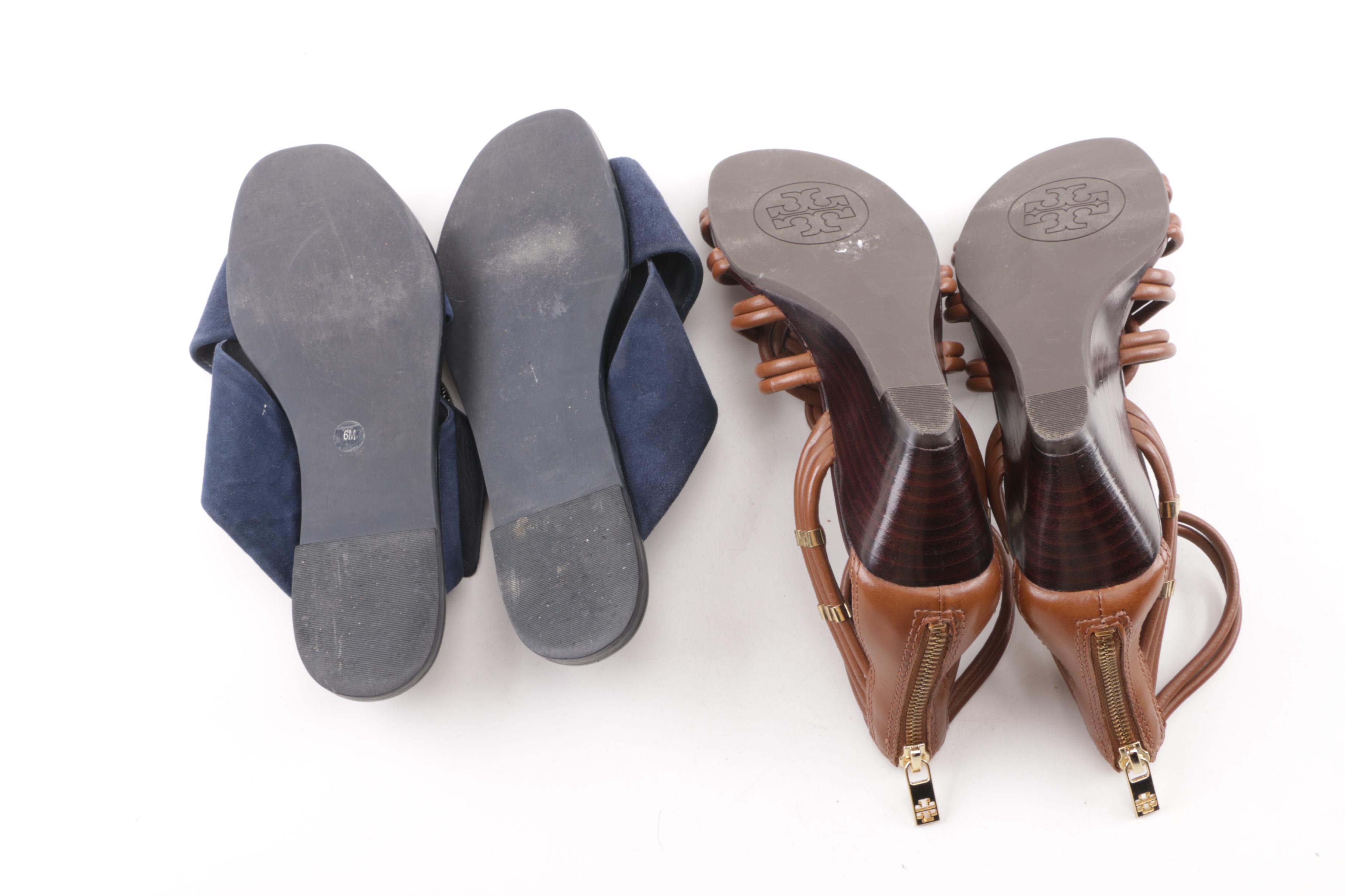 Tory Burch Thames Suede Slide and Constance Woven Leather Wedge Sandals