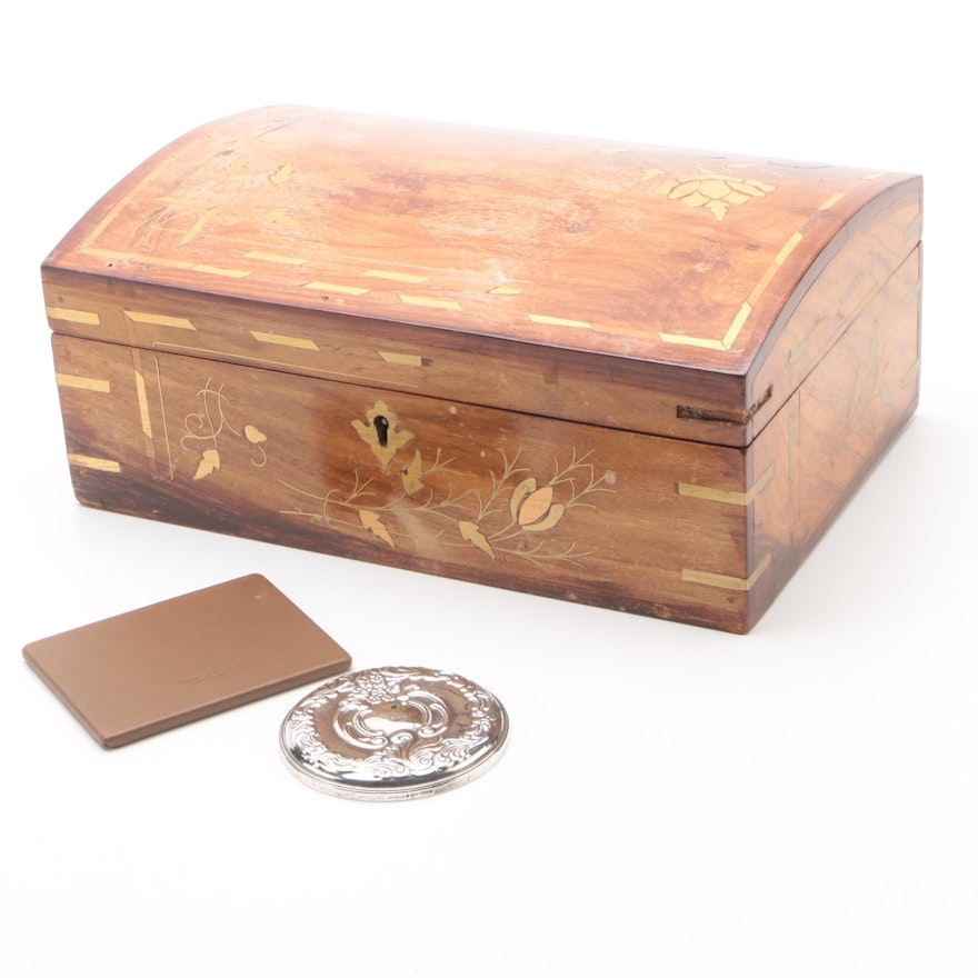 Wooden Jewelry Box with Wallace Silversmiths and Bottega Veneta Compact Mirrors