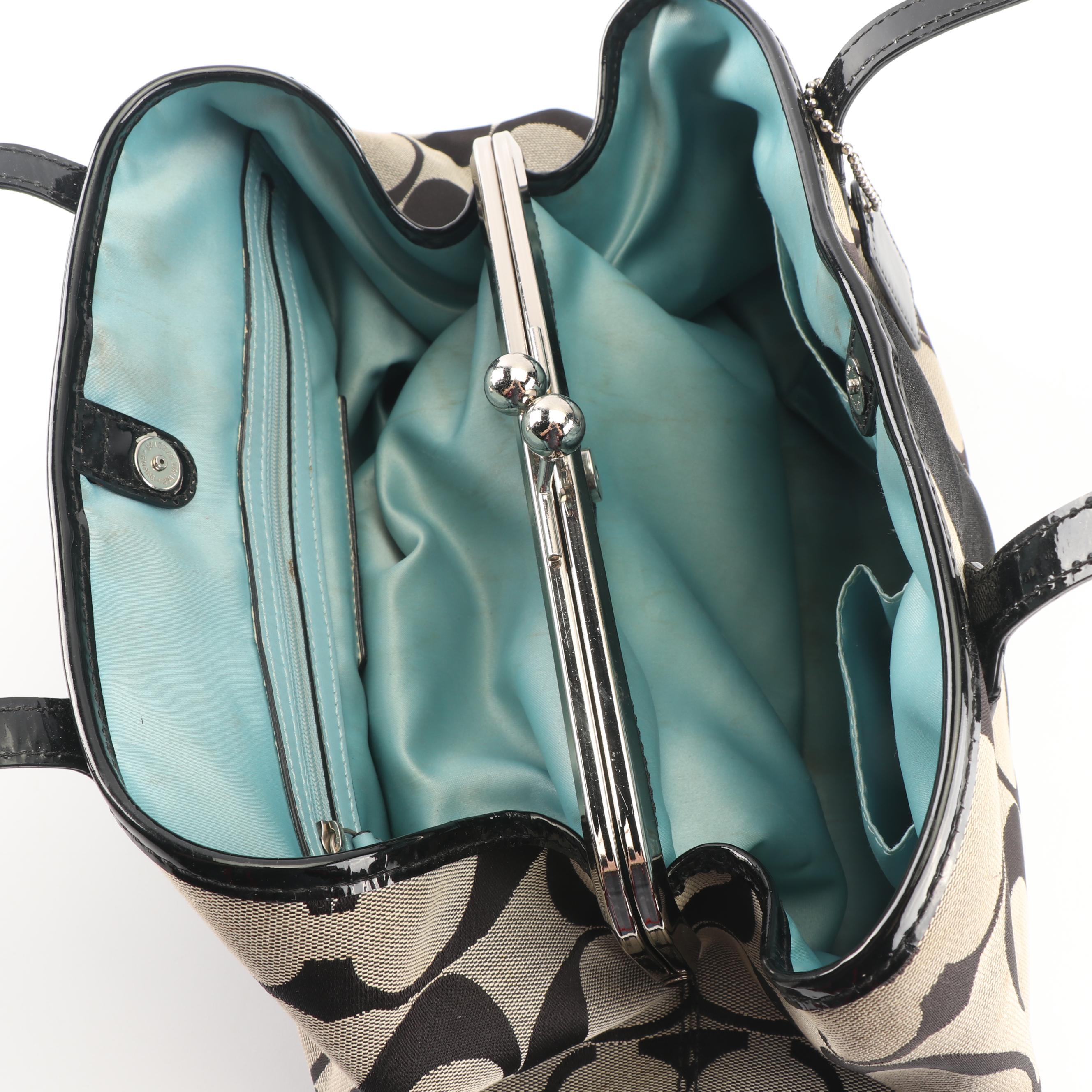 Coach Signature Stripe Kisslock Canvas and Patent Leather Carryall