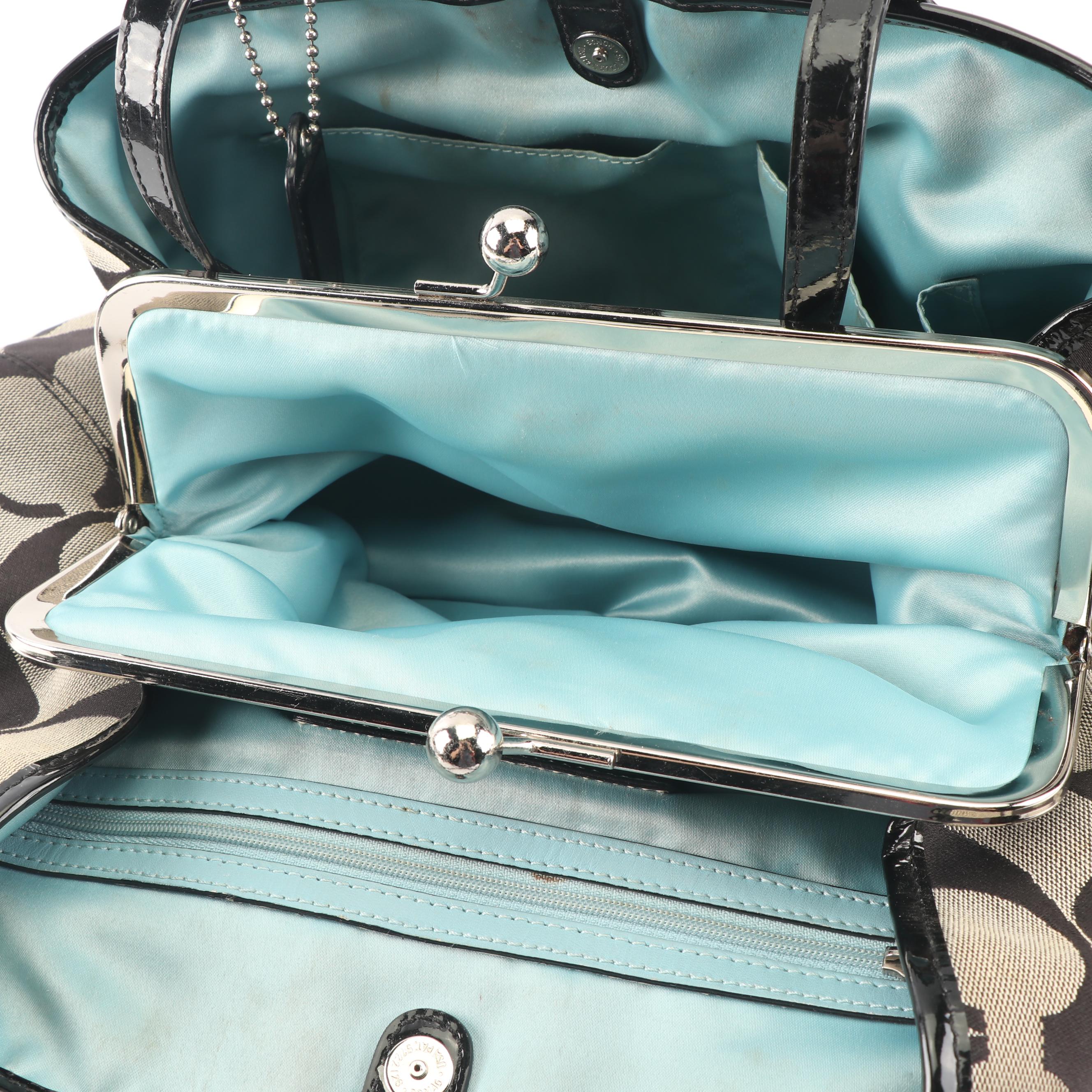 Coach Signature Stripe Kisslock Canvas and Patent Leather Carryall