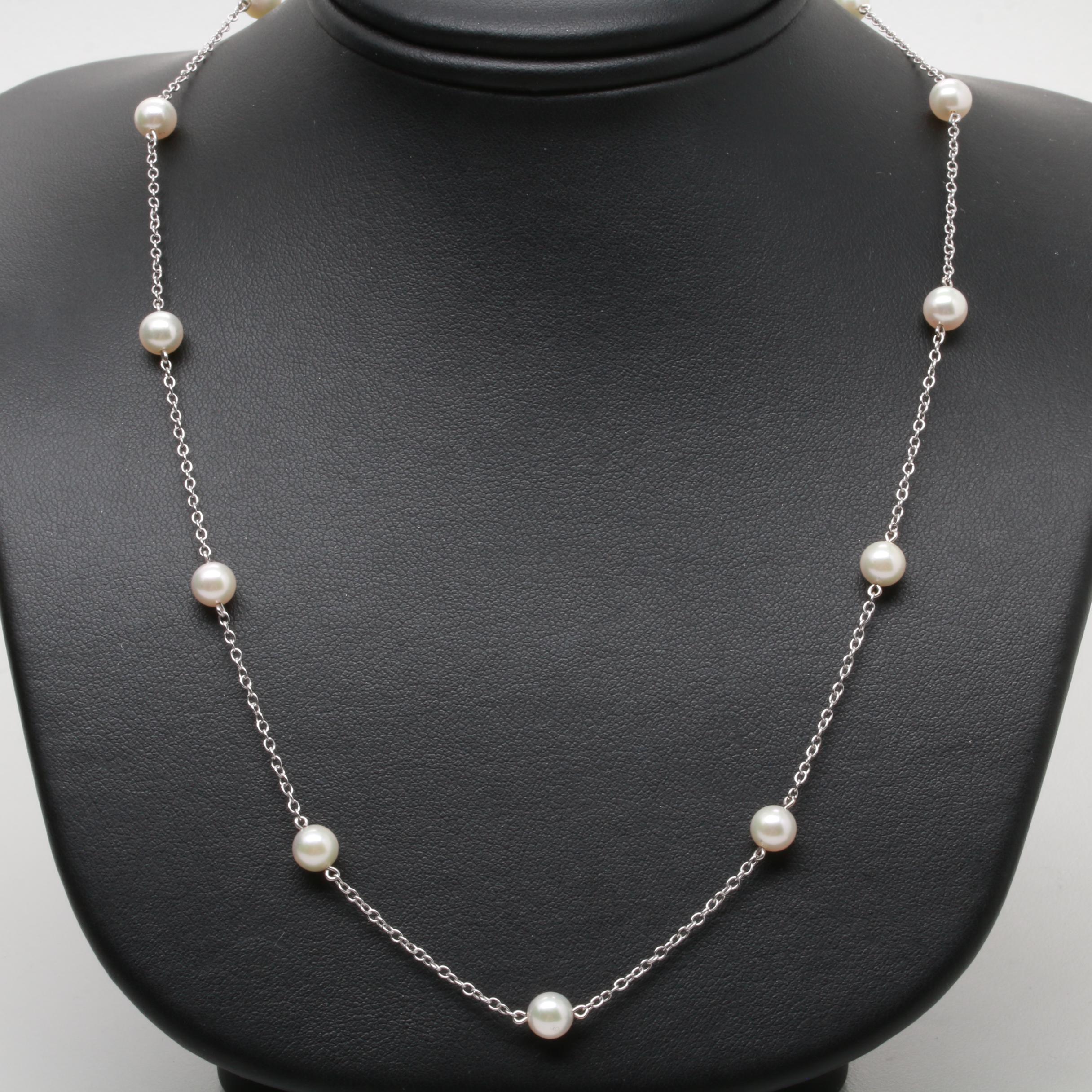 Mikimoto 18K White Gold Cultured Pearl Station Necklace