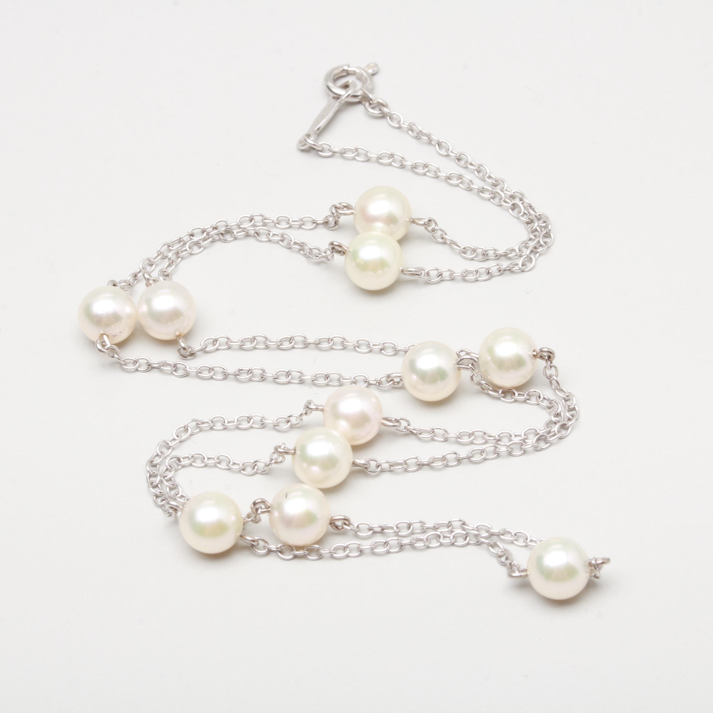 Mikimoto 18K White Gold Cultured Pearl Station Necklace
