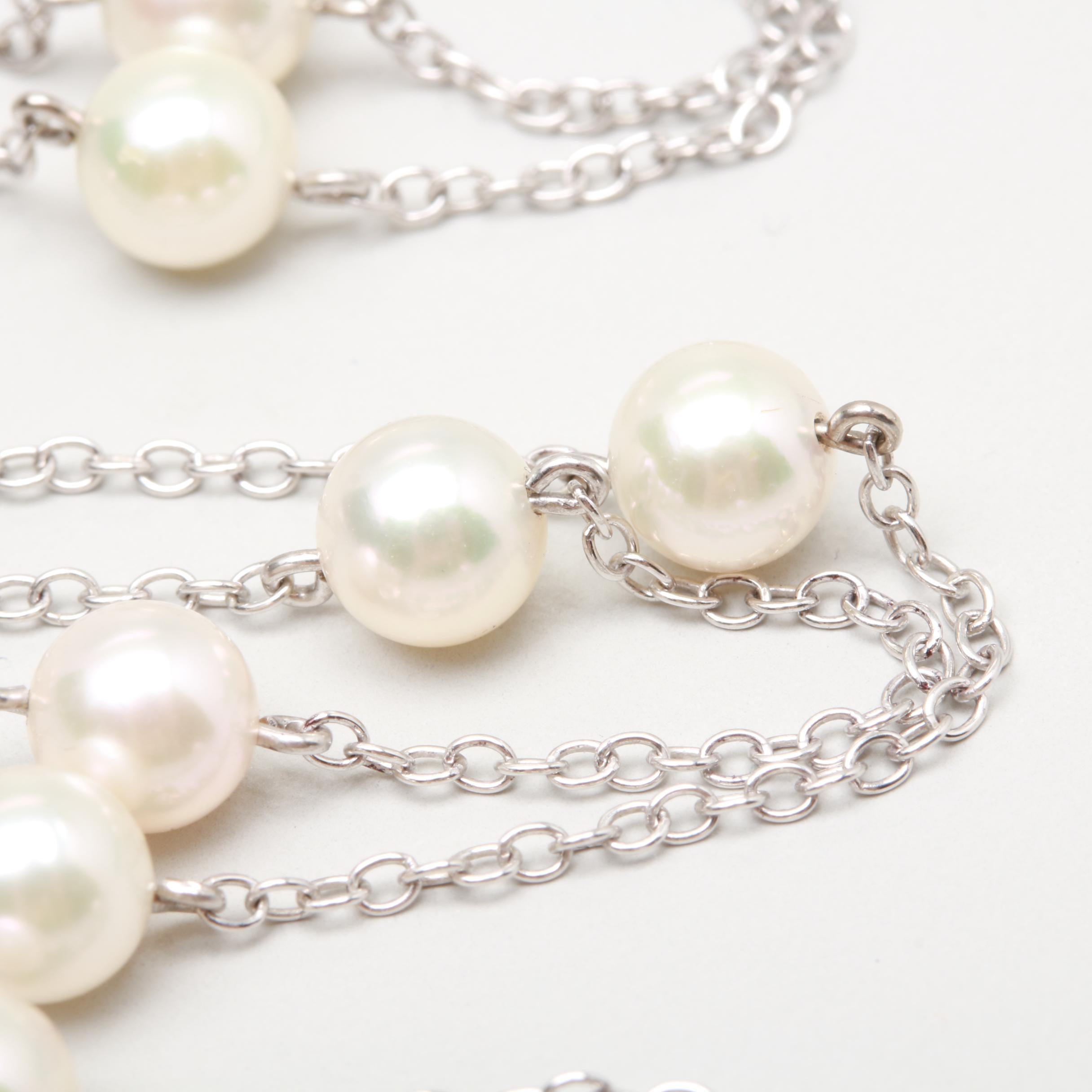 Mikimoto 18K White Gold Cultured Pearl Station Necklace