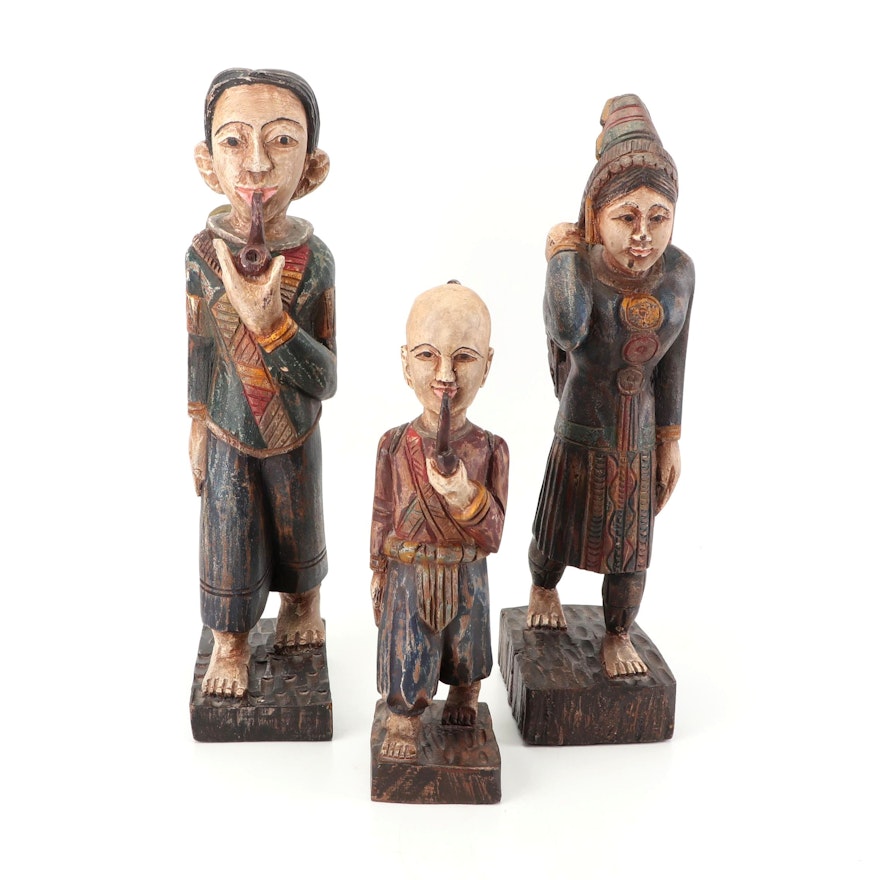 Asian Inspired Carved and Painted Wood Figurines