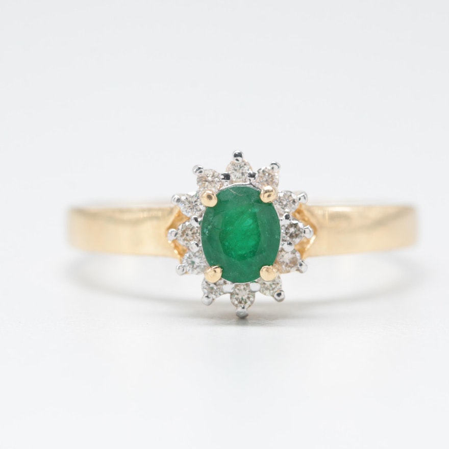 14K Yellow Gold Emerald and Diamond Ring